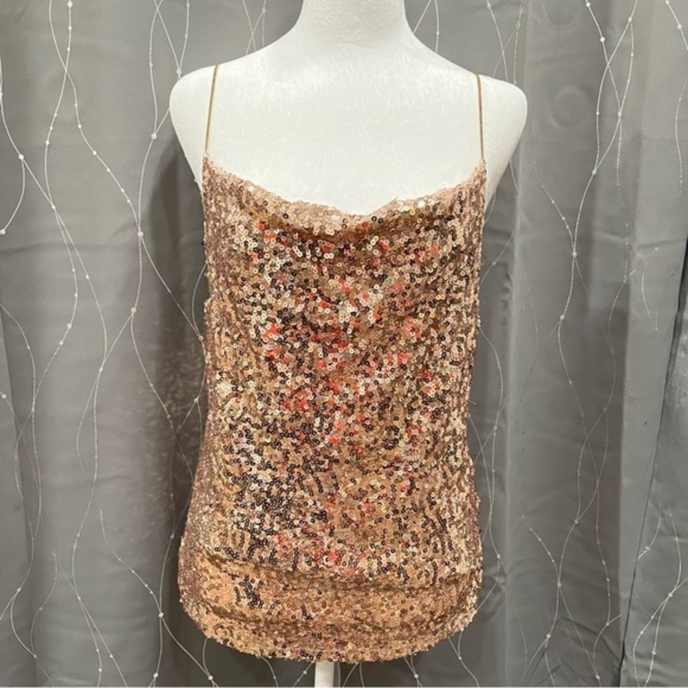 Wishlist Gold Sequins Top Spaghetti Straps Draped Front Party Tank Lined Swifty